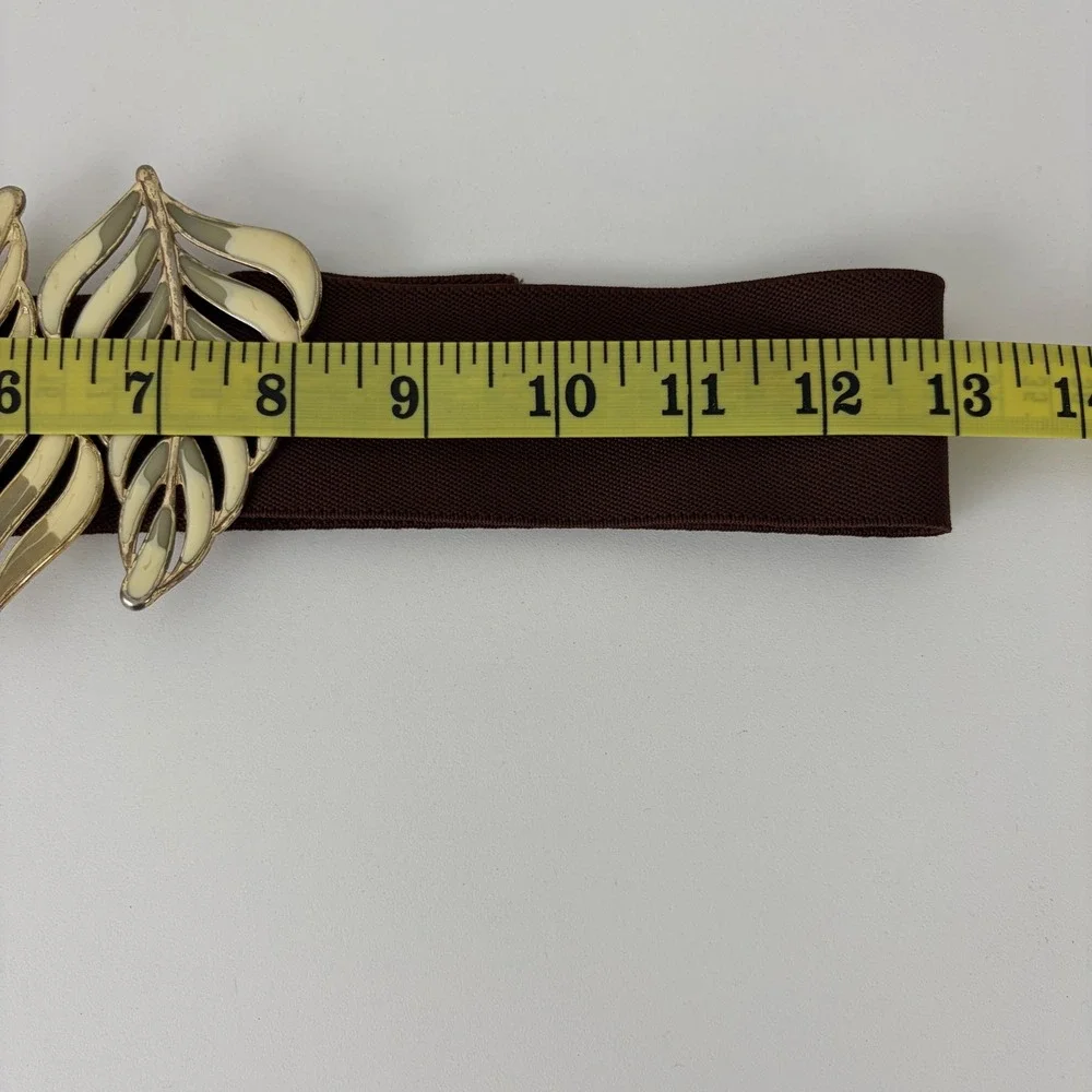 Vintage Brown Elastic Cinch Belt Gold Leaf Enamel Buckle Retro Waist Belt Sz M
